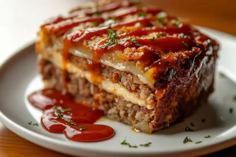 A close up slightly angled side view of a slice of stove top stuffing meatloaf on a white plate 2