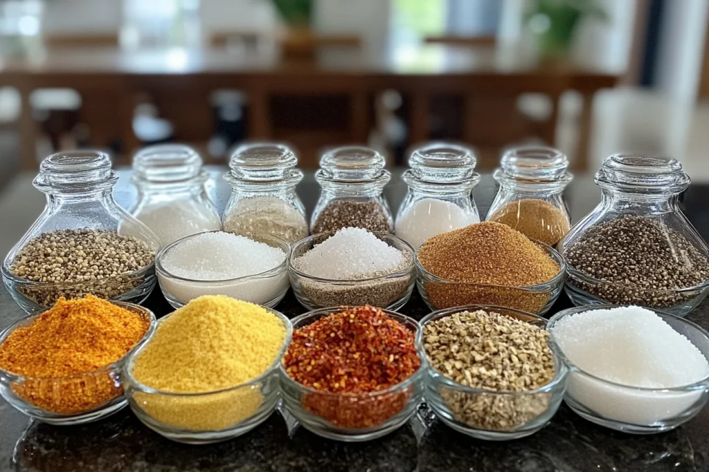 Front view, close-up of a variety of key ingredients for french fry seasoning, including different types of salt, peppercorns, garlic powder, onion powder, paprika, and dried herbs