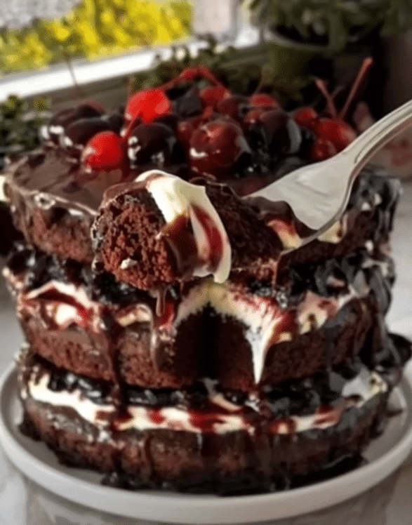 Chocolate Cake with Cream & Cherries