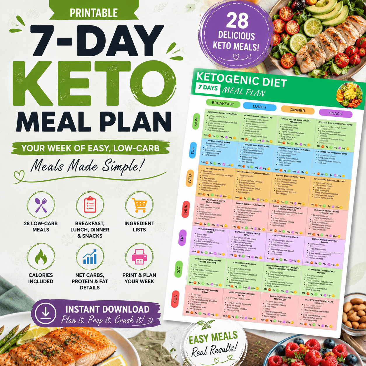 7-Day Keto Meal Plan Printable | Low-Carb Meals & Snacks