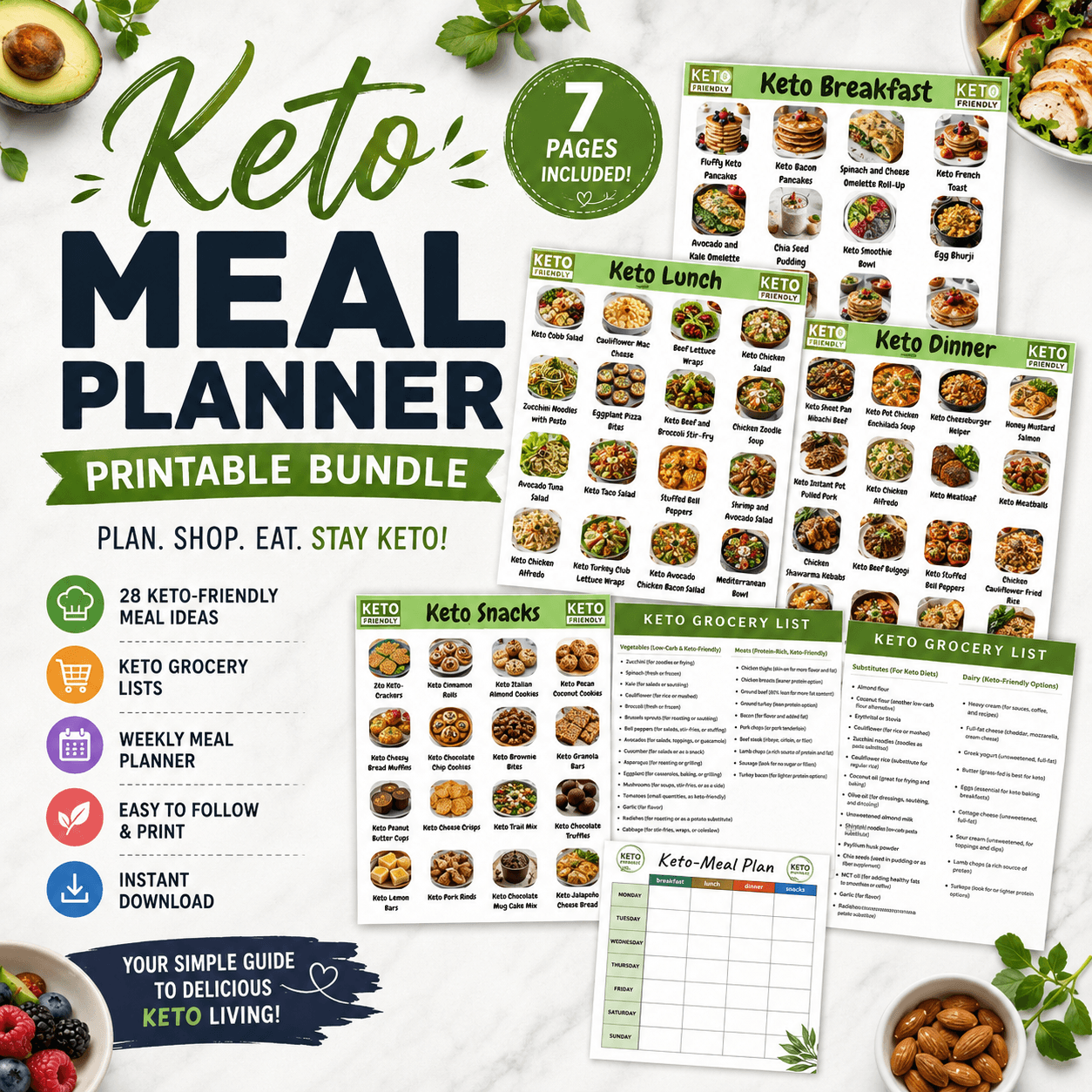 Keto Meal Planner Printable Bundle | 7-Page Keto Food Guide