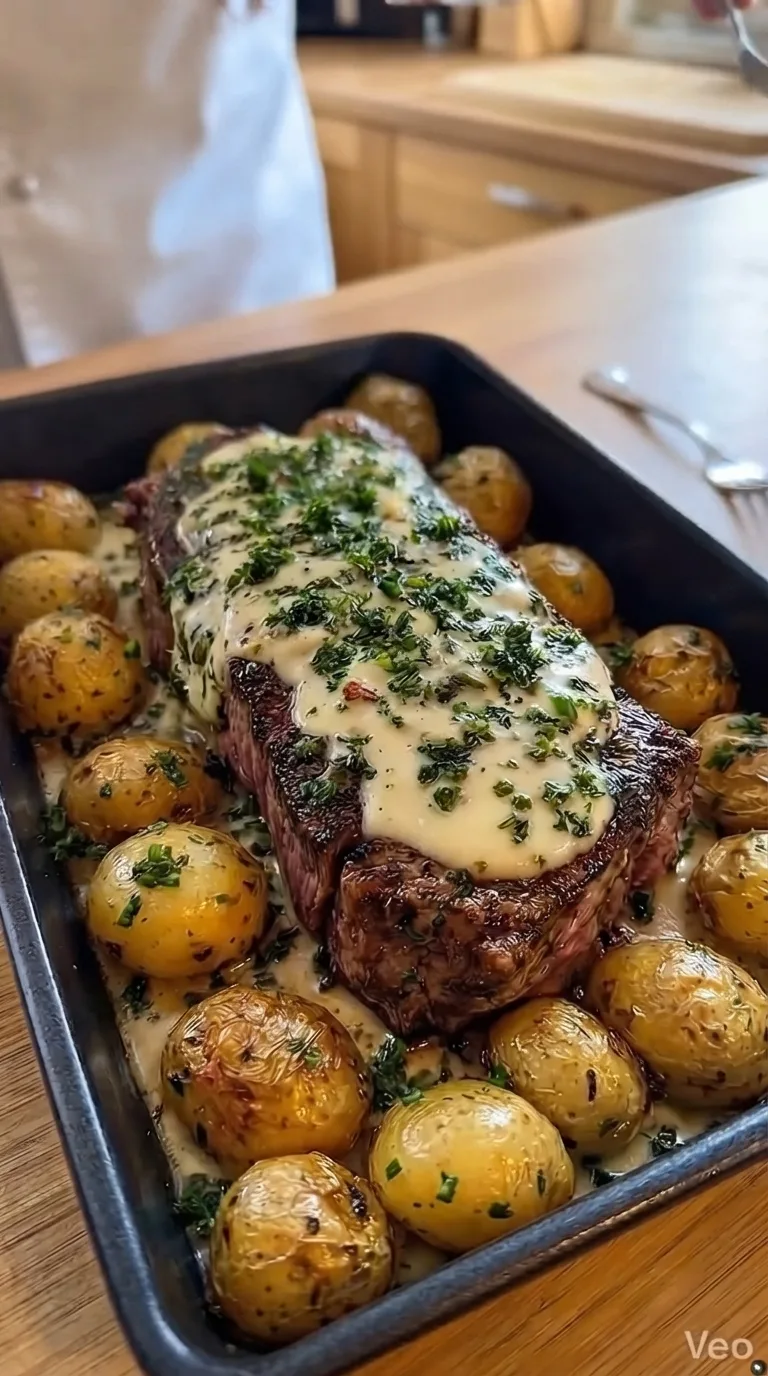 Creamy Garlic Herb Steak with Roasted Baby Potatoes